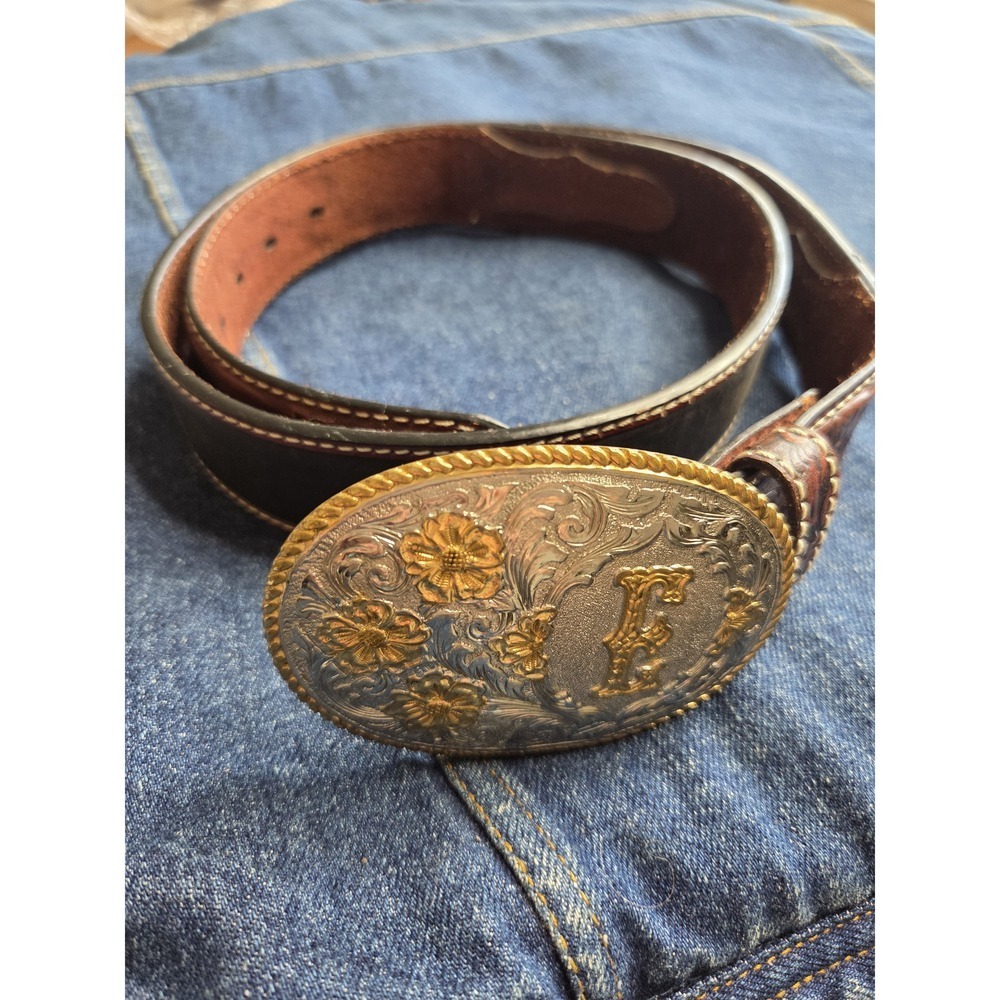 Men's Crumrine Initial E Vintage Belt Buckle w/ Leather Belt Sz 38